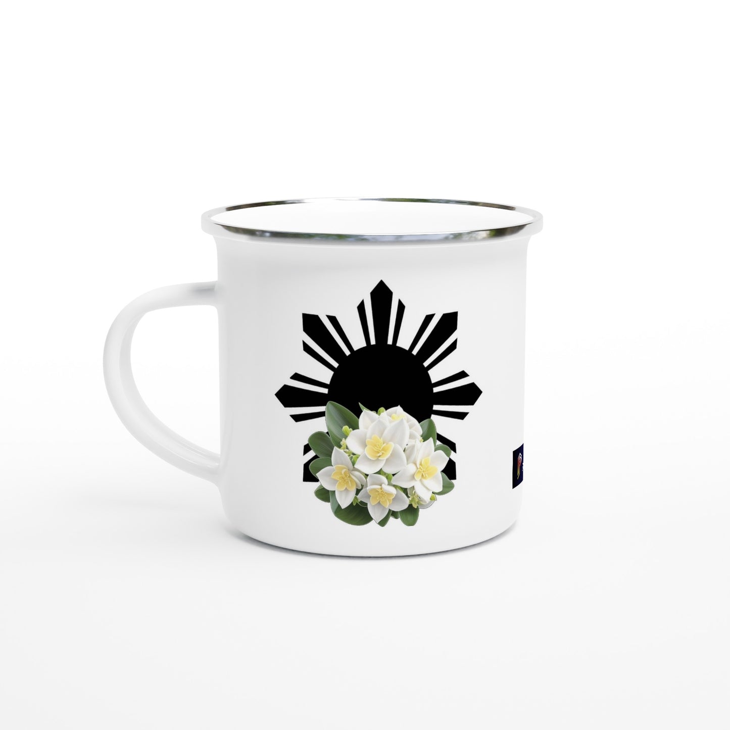 Philippine Sun and Sampaguita on White 12oz Enamel Mug