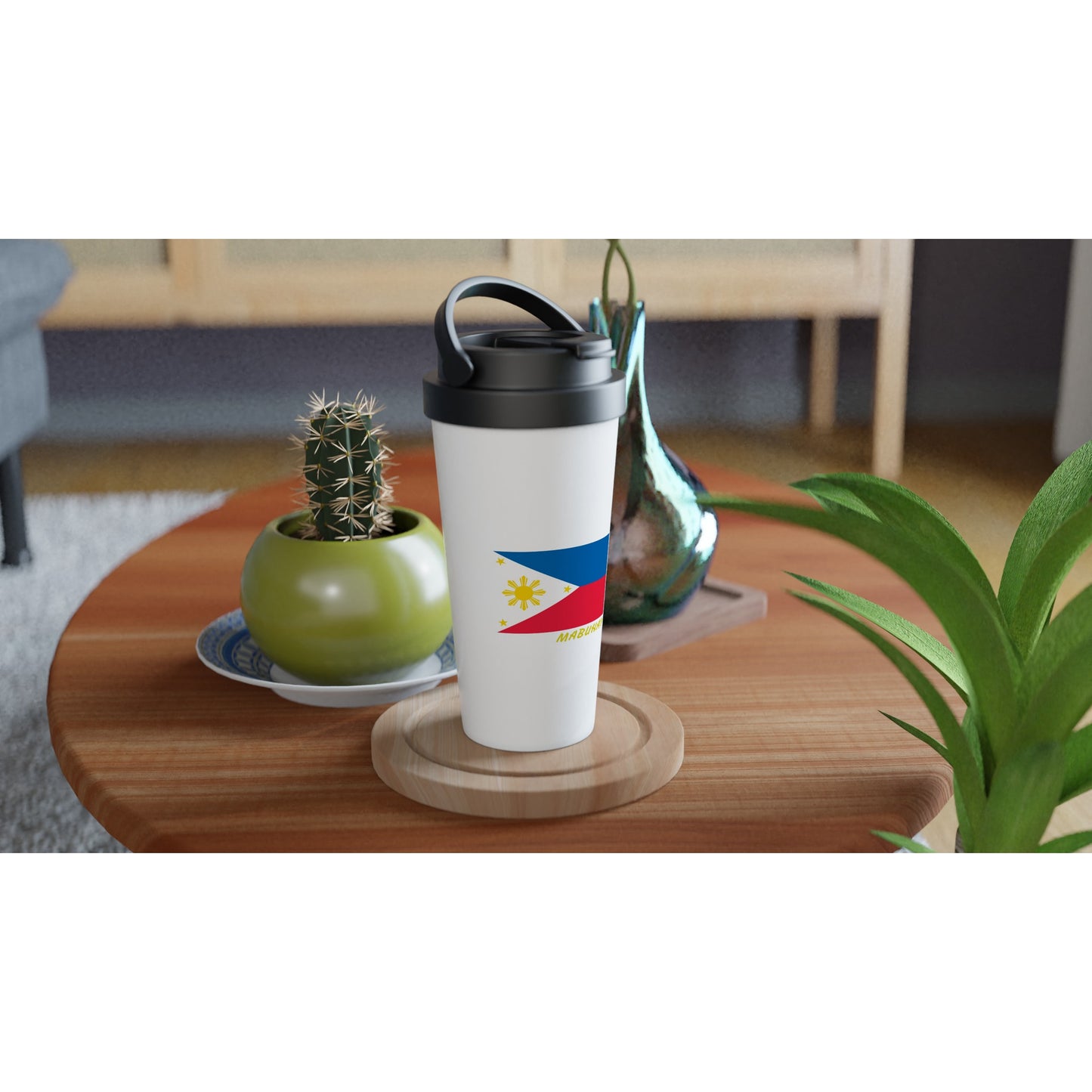 Philippine Flag Mabuhay on White 15oz Stainless Steel Travel Mug