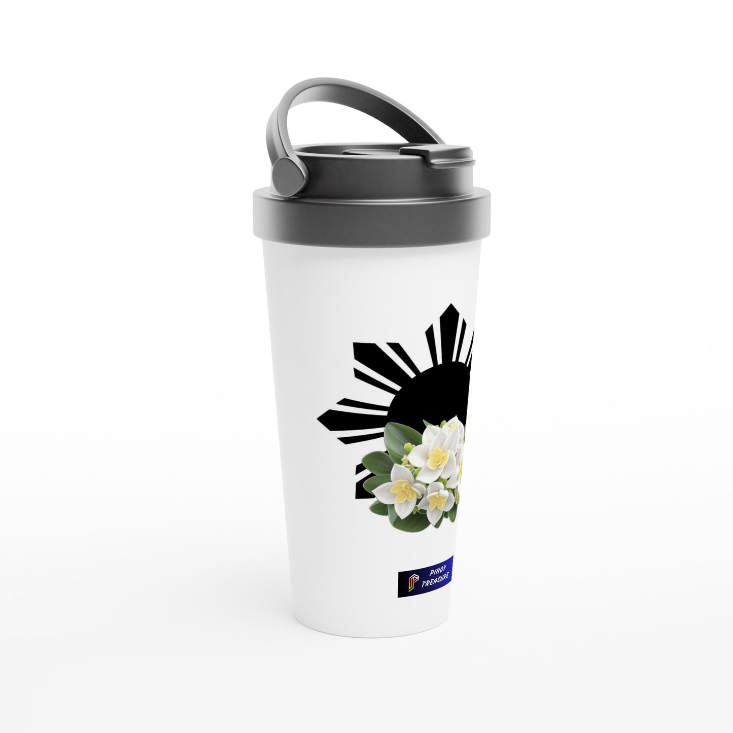 Philippine Sun and Sampaguita on White 15oz Stainless Steel Travel Mug