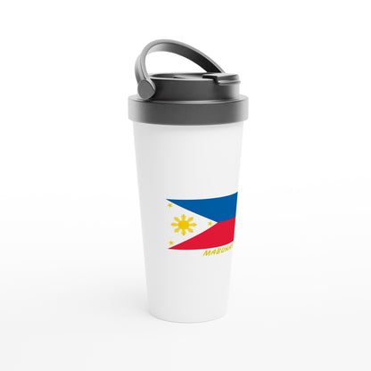 Philippine Flag Mabuhay on White 15oz Stainless Steel Travel Mug