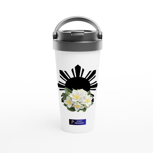 Philippine Sun and Sampaguita on White 15oz Stainless Steel Travel Mug