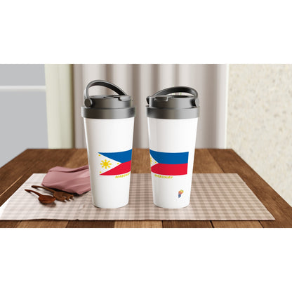 Philippine Flag Mabuhay on White 15oz Stainless Steel Travel Mug