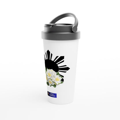 Philippine Sun and Sampaguita on White 15oz Stainless Steel Travel Mug