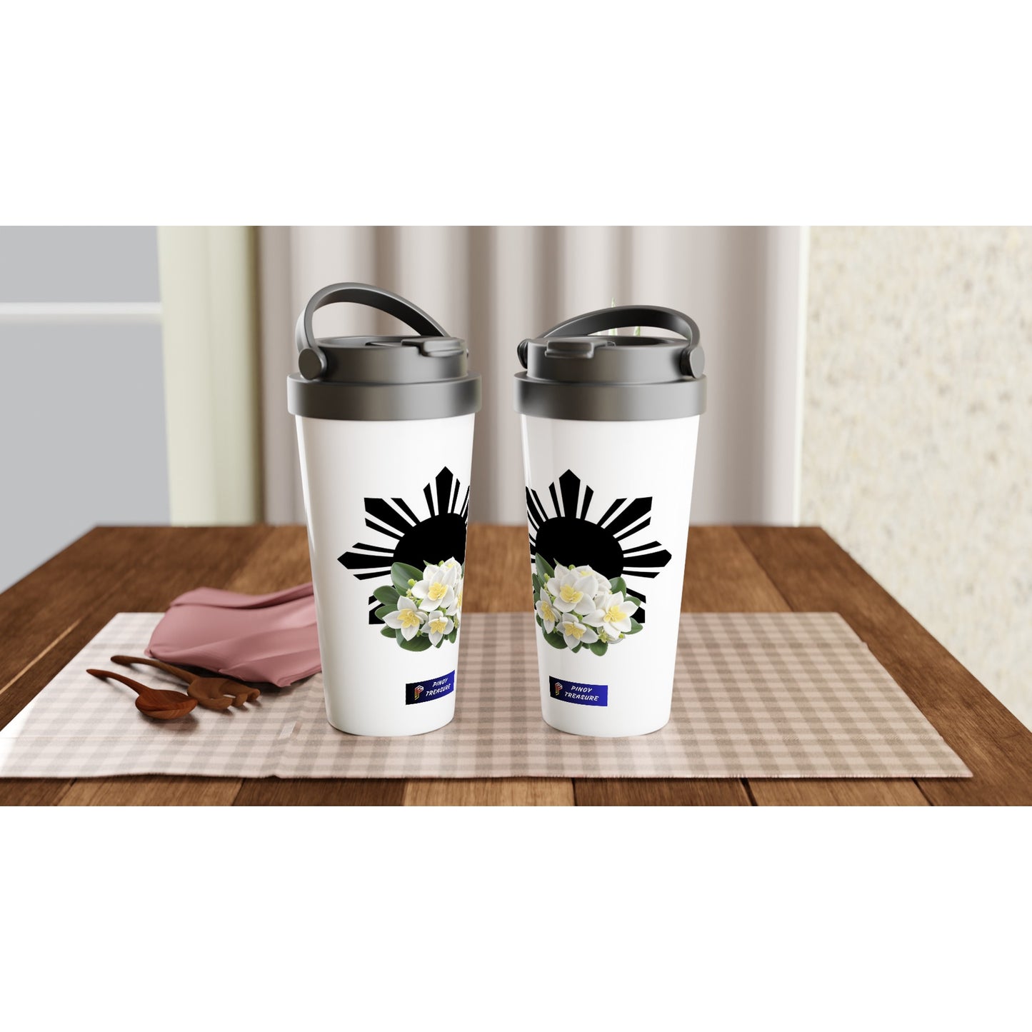 Philippine Sun and Sampaguita on White 15oz Stainless Steel Travel Mug